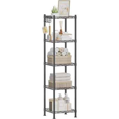 Songmics Home - 5-Tier Bathroom Shelf, Storage Rack for Small Space, with 5 PP Shelf Liners, Removable Hook, Extendable Design - Ink Black and Translucent Songmics Home - 5-Tier Bathroom Shelf, Storage Rack for Small Space, with 5 PP Shelf Liners, Removable Hook, Extendable Design - Ink Black and Translucent