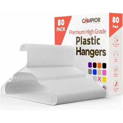 Campior - Plastic Hangers – 80-Pack, Heavy-Duty, Slim, Space-Saving, Non-Slip Notches, for Dresses, Suits, Jackets & More - White Campior - Plastic Hangers – 80-Pack, Heavy-Duty, Slim, Space-Saving, Non-Slip Notches, for Dresses, Suits, Jackets & More - White