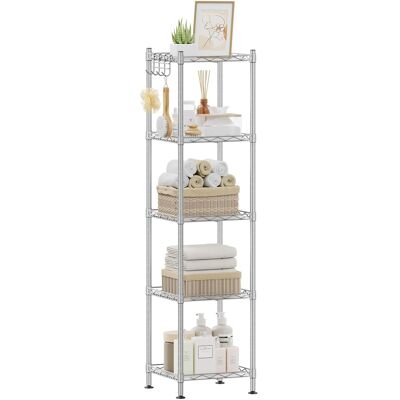 Songmics Home - 5-Tier Bathroom Shelf, Storage Rack for Small Space, with 5 PP Shelf Liners, Removable Hook, Extendable Design - Silver and Translucent Songmics Home - 5-Tier Bathroom Shelf, Storage Rack for Small Space, with 5 PP Shelf Liners, Removable Hook, Extendable Design - Silver and Translucent