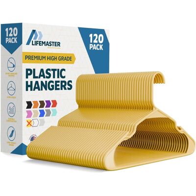 Lifemaster - Plastic Hangers – Heavy Duty, Non-Slip, Space-Saving, Holds 5 lbs, for Clothes, Dresses & Coats, Pack of 120 - Yellow Lifemaster - Plastic Hangers – Heavy Duty, Non-Slip, Space-Saving, Holds 5 lbs, for Clothes, Dresses & Coats, Pack of 120 - Yellow