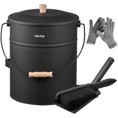 VEVOR - Ash Bucket, 4 PCS with Lid, Shovel, Broom and Gloves, Metal Fireplace Charcoal Bucket and Ash Can, 4 GAL Large Capacity - Black VEVOR - Ash Bucket, 4 PCS with Lid, Shovel, Broom and Gloves, Metal Fireplace Charcoal Bucket and Ash Can, 4 GAL Large Capacity - Black