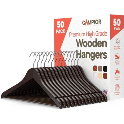 Campior - Wooden Hangers – 50-Pack, 360° Swivel Hook, Non-Slip, Pants Bar, Grooves, Space-Saving & Smooth Finish - Brown Campior - Wooden Hangers – 50-Pack, 360° Swivel Hook, Non-Slip, Pants Bar, Grooves, Space-Saving & Smooth Finish - Brown