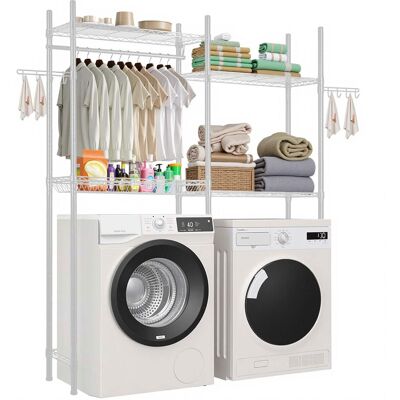 VEVOR - Over Washer and Dryer Storage Shelves,4 Tiers Laundry Room Drying Rack, Hanger Rod and Hooks,Two Rows Adjustable Shelves - White VEVOR - Over Washer and Dryer Storage Shelves,4 Tiers Laundry Room Drying Rack, Hanger Rod and Hooks,Two Rows Adjustable Shelves - White