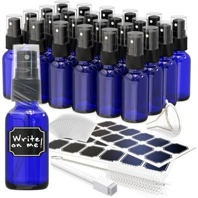 Nevlers - 1 Oz. Glass Spray Bottles with Funnel, Brush, Shrink Wrap, Marker and Labels (Pack of 24) - Blue Nevlers - 1 Oz. Glass Spray Bottles with Funnel, Brush, Shrink Wrap, Marker and Labels (Pack of 24) - Blue