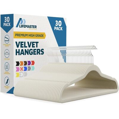 Lifemaster - Velvet Hanger Set – 30-Pack, Non-Slip, 360° Hook, Space-Saving, Lightweight Design - Ivory Lifemaster - Velvet Hanger Set – 30-Pack, Non-Slip, 360° Hook, Space-Saving, Lightweight Design - Ivory