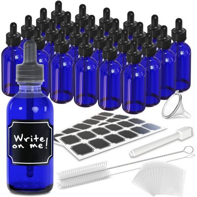 Nevlers - 2 Oz. Glass Dropper Bottles with Funnel, Brush, Shrink Wrap, Marker and Labels (Pack of 24) - Blue Nevlers - 2 Oz. Glass Dropper Bottles with Funnel, Brush, Shrink Wrap, Marker and Labels (Pack of 24) - Blue