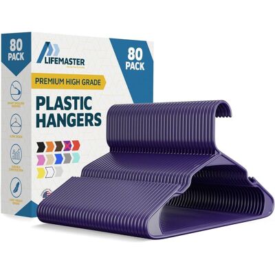 Lifemaster - Plastic Hangers – Heavy Duty, Non-Slip, Space-Saving, Holds 5 lbs, for Clothes, Dresses & Coats, Pack of 80 - Purple Lifemaster - Plastic Hangers – Heavy Duty, Non-Slip, Space-Saving, Holds 5 lbs, for Clothes, Dresses & Coats, Pack of 80 - Purple