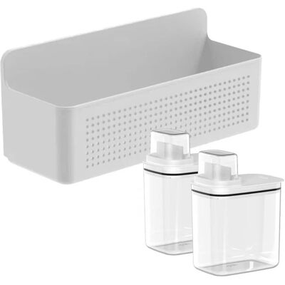 OU - Laundry Detergent Dispenser & Wall Rack Set, 2‑Pack 50 oz Clear Soap Dispensers w/ Measuring Cap & Hanging Storage Rack - White OU - Laundry Detergent Dispenser & Wall Rack Set, 2‑Pack 50 oz Clear Soap Dispensers w/ Measuring Cap & Hanging Storage Rack - White