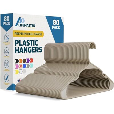 Lifemaster - Plastic Hangers – Heavy Duty, Non-Slip, Space-Saving, Holds 5 lbs, for Clothes, Dresses & Coats, Pack of 80 - Ivory Lifemaster - Plastic Hangers – Heavy Duty, Non-Slip, Space-Saving, Holds 5 lbs, for Clothes, Dresses & Coats, Pack of 80 - Ivory