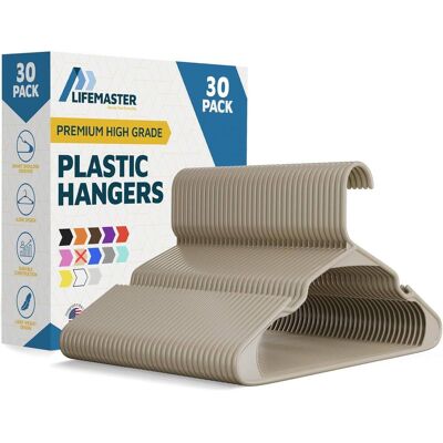 Lifemaster - Plastic Hangers – Heavy Duty, Non-Slip, Space-Saving, Holds 5 lbs, for Clothes, Dresses & Coats, Pack of 30 - Ivory Lifemaster - Plastic Hangers – Heavy Duty, Non-Slip, Space-Saving, Holds 5 lbs, for Clothes, Dresses & Coats, Pack of 30 - Ivory