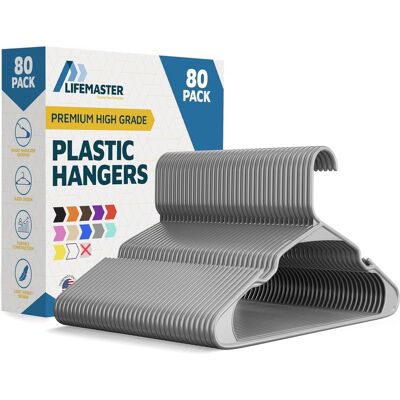 Lifemaster - Plastic Hangers – Heavy Duty, Non-Slip, Space-Saving, Holds 5 lbs, for Clothes, Dresses & Coats, Pack of 80 - Gray Lifemaster - Plastic Hangers – Heavy Duty, Non-Slip, Space-Saving, Holds 5 lbs, for Clothes, Dresses & Coats, Pack of 80 - Gray