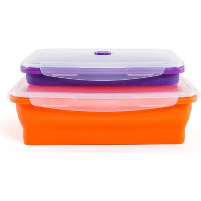 Kitchen + Home - Thin Bins Collapsible Containers - Set of 2 XL Silicone Food Storage Containers - purple, orange Kitchen + Home - Thin Bins Collapsible Containers - Set of 2 XL Silicone Food Storage Containers - purple, orange