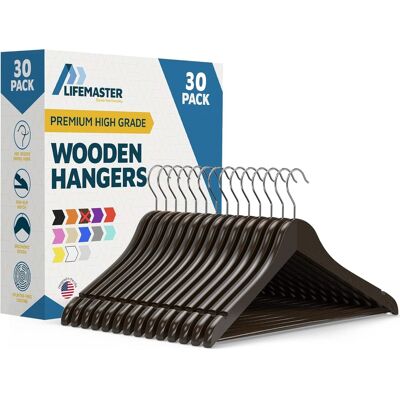 Lifemaster - Wooden Clothes Hangers – 30-Pack, 360° Swivel Hook, Non-Slip Notch, Pants Bar, Holds 10 lbs, for Suits, Coats & Dresses - Brown Lifemaster - Wooden Clothes Hangers – 30-Pack, 360° Swivel Hook, Non-Slip Notch, Pants Bar, Holds 10 lbs, for Suits, Coats & Dresses - Brown