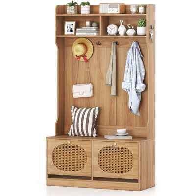 Costway - 4-In-1 Hall Tree Entryway Bench with Coat Rack & Flip Drawers 6 Dual-Hook Hangers - Natural Costway - 4-In-1 Hall Tree Entryway Bench with Coat Rack & Flip Drawers 6 Dual-Hook Hangers - Natural