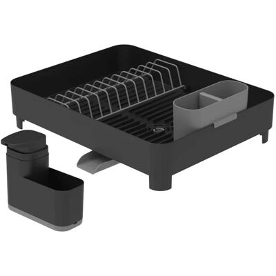 OU - Sink Organizer Set, Dish Rack with Drain Spout & 19 oz Soap Dispenser with Extended Sponge Holder - Black OU - Sink Organizer Set, Dish Rack with Drain Spout & 19 oz Soap Dispenser with Extended Sponge Holder - Black