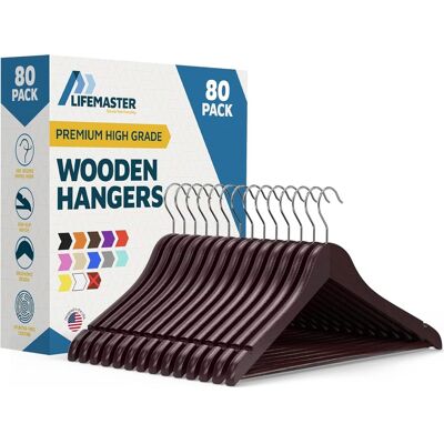 Lifemaster - Wooden Clothes Hangers – 80-Pack, 360° Swivel Hook, Non-Slip Notch, Pants Bar, Holds 10 lbs, for Suits, Coats & Dresses - Cherry Lifemaster - Wooden Clothes Hangers – 80-Pack, 360° Swivel Hook, Non-Slip Notch, Pants Bar, Holds 10 lbs, for Suits, Coats & Dresses - Cherry