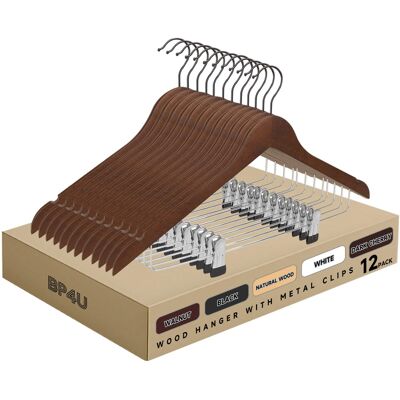 BP4U - 12-Pack Premium Wooden Clothes Hangers with Swivel Hook, Solid Wood Skirts/Pants Hangers with Clips for Suits Coats - Walnut BP4U - 12-Pack Premium Wooden Clothes Hangers with Swivel Hook, Solid Wood Skirts/Pants Hangers with Clips for Suits Coats - Walnut