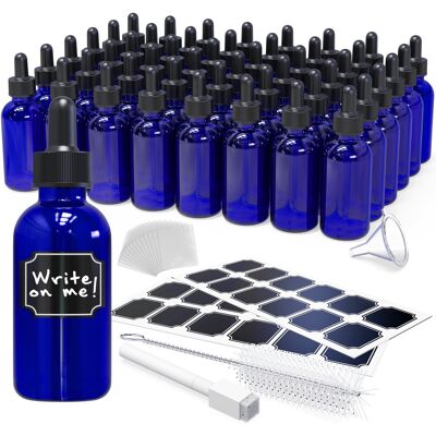 Nevlers - 2 Oz. Glass Dropper Bottles with Funnel, Brush, Shrink Wrap, Marker and Labels (Pack of 48) - Blue Nevlers - 2 Oz. Glass Dropper Bottles with Funnel, Brush, Shrink Wrap, Marker and Labels (Pack of 48) - Blue