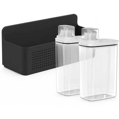OU - Laundry Detergent Dispenser & Wall Rack Set, 2‑Pack 77 oz Soap Dispensers with Measuring Cap & Hanging Storage Organizer - Black OU - Laundry Detergent Dispenser & Wall Rack Set, 2‑Pack 77 oz Soap Dispensers with Measuring Cap & Hanging Storage Organizer - Black
