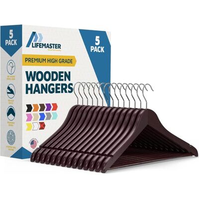 Lifemaster - Wooden Clothes Hangers – 5-Pack, 360° Swivel Hook, Non-Slip Notch, Pants Bar, Holds 10 lbs, for Suits, Coats & Dresses - Cherry Lifemaster - Wooden Clothes Hangers – 5-Pack, 360° Swivel Hook, Non-Slip Notch, Pants Bar, Holds 10 lbs, for Suits, Coats & Dresses - Cherry