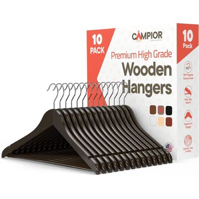 Campior - Wooden Hangers – 10-Pack, 360° Swivel Hook, Non-Slip, Pants Bar, Grooves, Space-Saving & Smooth Finish - Vintage Campior - Wooden Hangers – 10-Pack, 360° Swivel Hook, Non-Slip, Pants Bar, Grooves, Space-Saving & Smooth Finish - Vintage