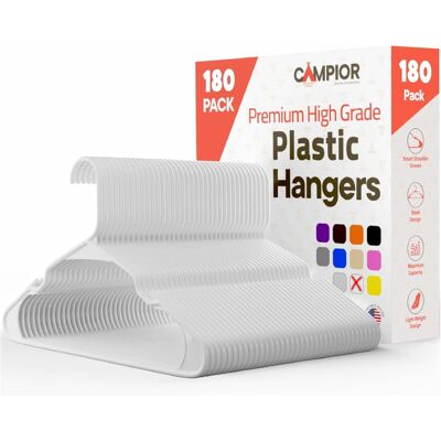 Campior - Plastic Hangers – 180-Pack, Heavy-Duty, Slim, Space-Saving, Non-Slip Notches, for Dresses, Suits, Jackets & More - White Campior - Plastic Hangers – 180-Pack, Heavy-Duty, Slim, Space-Saving, Non-Slip Notches, for Dresses, Suits, Jackets & More - White