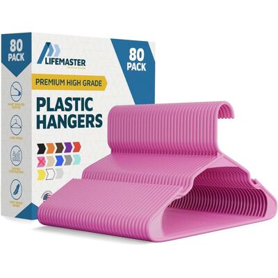 Lifemaster - Plastic Hangers – Heavy Duty, Non-Slip, Space-Saving, Holds 5 lbs, for Clothes, Dresses & Coats, Pack of 80 - Pink Lifemaster - Plastic Hangers – Heavy Duty, Non-Slip, Space-Saving, Holds 5 lbs, for Clothes, Dresses & Coats, Pack of 80 - Pink