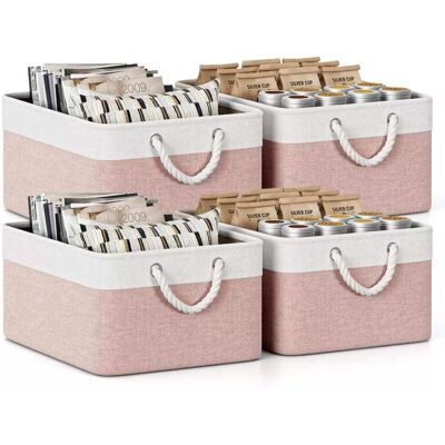 Sugift - 4 Pack Collapsible Fabric Storage Bins with Rope Handles - Pink+White Sugift - 4 Pack Collapsible Fabric Storage Bins with Rope Handles - Pink+White