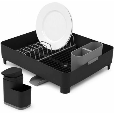 OU - Sink Organizer Set, Compact Dish Rack with Drain Spout & 19 oz Soap Dispenser with Sponge Holder - Black OU - Sink Organizer Set, Compact Dish Rack with Drain Spout & 19 oz Soap Dispenser with Sponge Holder - Black
