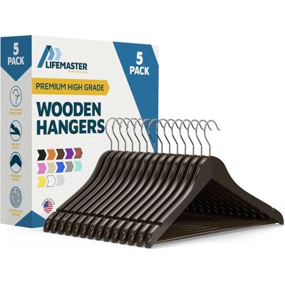 Lifemaster - Wooden Clothes Hangers – 5-Pack, 360° Swivel Hook, Non-Slip Notch, Pants Bar, Holds 10 lbs, for Suits, Coats & Dresses - Vintage Lifemaster - Wooden Clothes Hangers – 5-Pack, 360° Swivel Hook, Non-Slip Notch, Pants Bar, Holds 10 lbs, for Suits, Coats & Dresses - Vintage