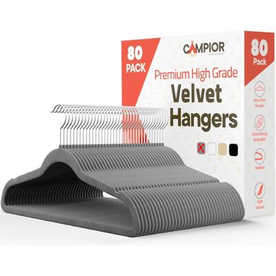Campior - Velvet Hangers – 80-Pack, 360° Swivel Hook, Non-Slip, Space-Saving, Holds 11 lbs, Smooth Finish - Gray Campior - Velvet Hangers – 80-Pack, 360° Swivel Hook, Non-Slip, Space-Saving, Holds 11 lbs, Smooth Finish - Gray
