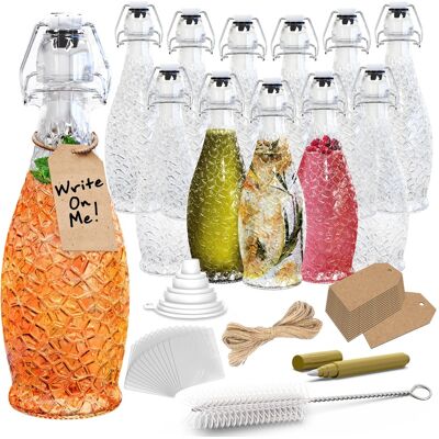Nevlers - 17 Oz. Textured Swing Top Glass Bottles with Bottle Brush, Funnel, Tags, Shrink Wrap and Glass Marker (Set of 12) - Clear Nevlers - 17 Oz. Textured Swing Top Glass Bottles with Bottle Brush, Funnel, Tags, Shrink Wrap and Glass Marker (Set of 12) - Clear