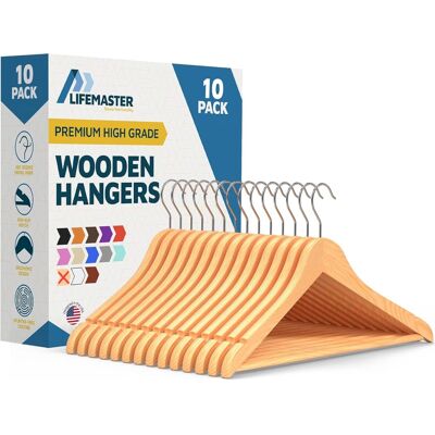 Lifemaster - Wooden Clothes Hangers – 10-Pack, 360° Swivel Hook, Non-Slip Notch, Pants Bar, Holds 10 lbs, for Suits, Coats & Dresses - Natural Wood Lifemaster - Wooden Clothes Hangers – 10-Pack, 360° Swivel Hook, Non-Slip Notch, Pants Bar, Holds 10 lbs, for Suits, Coats & Dresses - Natural Wood