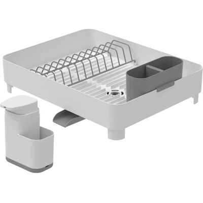 OU - Sink Organizer Set, Compact Dish Rack with Drain Spout & 19 oz Soap Dispenser with Sponge Holder - White OU - Sink Organizer Set, Compact Dish Rack with Drain Spout & 19 oz Soap Dispenser with Sponge Holder - White