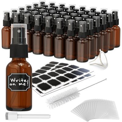 Nevlers - 1 Oz. Glass Spray Bottles with Funnel, Brush, Shrink Wrap, Marker and Labels (Pack of 48) - Amber Nevlers - 1 Oz. Glass Spray Bottles with Funnel, Brush, Shrink Wrap, Marker and Labels (Pack of 48) - Amber