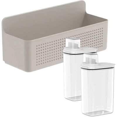 OU - Laundry Detergent Dispenser & Wall Rack Set, 2‑Pack 77 oz Soap Dispensers with Measuring Cap & Hanging Storage Organizer - Beige OU - Laundry Detergent Dispenser & Wall Rack Set, 2‑Pack 77 oz Soap Dispensers with Measuring Cap & Hanging Storage Organizer - Beige