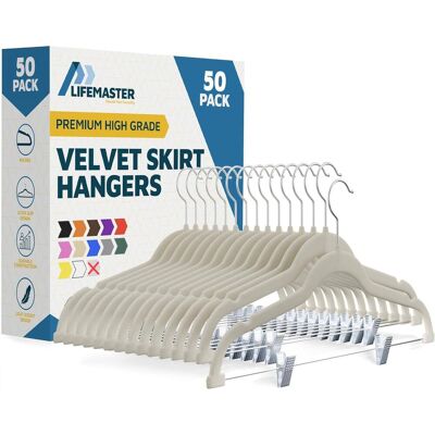 Lifemaster - Velvet Skirt Hangers – Adjustable Clips, Swivel Hook, Non-Slip Notch, Holds 10 lbs, Pack of 50 - Ivory Lifemaster - Velvet Skirt Hangers – Adjustable Clips, Swivel Hook, Non-Slip Notch, Holds 10 lbs, Pack of 50 - Ivory