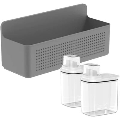 OU - Laundry Detergent Dispenser & Wall Rack Set, 2‑Pack 50 oz Clear Soap Dispensers w/ Measuring Cap & Hanging Storage Rack - Dark Gray OU - Laundry Detergent Dispenser & Wall Rack Set, 2‑Pack 50 oz Clear Soap Dispensers w/ Measuring Cap & Hanging Storage Rack - Dark Gray