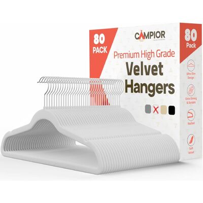 Campior - Velvet Hangers – 80-Pack, 360° Swivel Hook, Non-Slip, Space-Saving, Holds 11 lbs, Smooth Finish - White Campior - Velvet Hangers – 80-Pack, 360° Swivel Hook, Non-Slip, Space-Saving, Holds 11 lbs, Smooth Finish - White