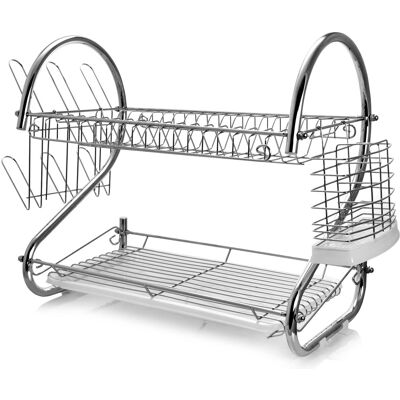 MegaChef - 16 Inch Two Shelf Dish Rack with Easily Removable Draining Tray, 6 Cup Hangers and Removable Utensil Holder - Silver MegaChef - 16 Inch Two Shelf Dish Rack with Easily Removable Draining Tray, 6 Cup Hangers and Removable Utensil Holder - Silver