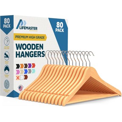 Lifemaster - Wooden Clothes Hangers – 80-Pack, 360° Swivel Hook, Non-Slip Notch, Pants Bar, Holds 10 lbs, for Suits, Coats & Dresses - Natural Wood Lifemaster - Wooden Clothes Hangers – 80-Pack, 360° Swivel Hook, Non-Slip Notch, Pants Bar, Holds 10 lbs, for Suits, Coats & Dresses - Natural Wood
