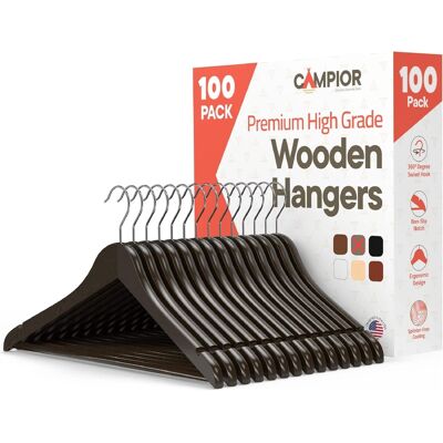 Campior - Wooden Hangers – 100-Pack, 360° Swivel Hook, Non-Slip, Pants Bar, Grooves, Space-Saving & Smooth Finish - Vintage Campior - Wooden Hangers – 100-Pack, 360° Swivel Hook, Non-Slip, Pants Bar, Grooves, Space-Saving & Smooth Finish - Vintage