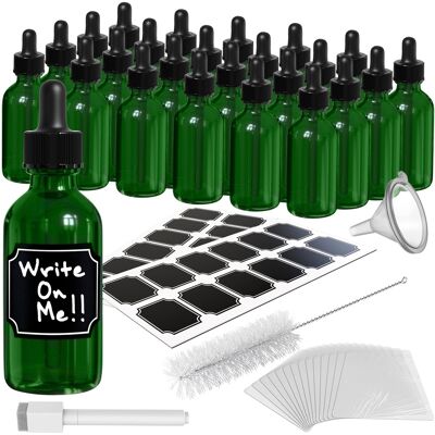 Nevlers - 2 oz. Green Glass Dropper Bottles with Funnel, Brush, Shrink Wrap, Marker and Labels (Pack of 24) Nevlers - 2 oz. Green Glass Dropper Bottles with Funnel, Brush, Shrink Wrap, Marker and Labels (Pack of 24)