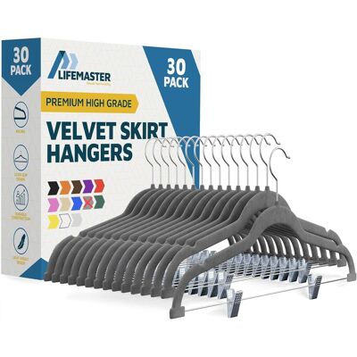 Lifemaster - Velvet Skirt Hangers – Adjustable Clips, Swivel Hook, Non-Slip Notch, Holds 10 lbs, Pack of 30 - Gray Lifemaster - Velvet Skirt Hangers – Adjustable Clips, Swivel Hook, Non-Slip Notch, Holds 10 lbs, Pack of 30 - Gray
