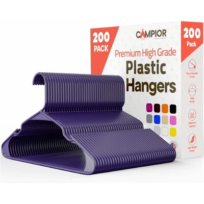 Campior - Plastic Hangers – 200-Pack, Heavy-Duty, Slim, Space-Saving, Non-Slip Notches, for Dresses, Suits, Jackets & More - Purple Campior - Plastic Hangers – 200-Pack, Heavy-Duty, Slim, Space-Saving, Non-Slip Notches, for Dresses, Suits, Jackets & More - Purple