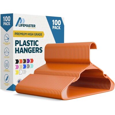 Lifemaster - Plastic Hangers – Heavy Duty, Non-Slip, Space-Saving, Holds 5 lbs, for Clothes, Dresses & Coats, Pack of 100 - Orange Lifemaster - Plastic Hangers – Heavy Duty, Non-Slip, Space-Saving, Holds 5 lbs, for Clothes, Dresses & Coats, Pack of 100 - Orange