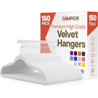 Campior - Velvet Hangers – 150-Pack, 360° Swivel Hook, Non-Slip, Space-Saving, Holds 11 lbs, Smooth Finish - White Campior - Velvet Hangers – 150-Pack, 360° Swivel Hook, Non-Slip, Space-Saving, Holds 11 lbs, Smooth Finish - White
