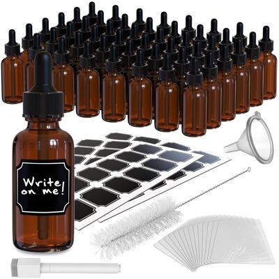 Nevlers - 1 Oz. Glass Dropper Bottles with Funnel, Brush, Shrink Wrap, Marker and Labels (Pack of 48) - Amber Nevlers - 1 Oz. Glass Dropper Bottles with Funnel, Brush, Shrink Wrap, Marker and Labels (Pack of 48) - Amber
