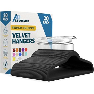 Lifemaster - Velvet Hanger Set – 20-Pack, Non-Slip, 360° Swivel Hook, Space-Saving, Lightweight, Smooth Velvet Finish - Black Lifemaster - Velvet Hanger Set – 20-Pack, Non-Slip, 360° Swivel Hook, Space-Saving, Lightweight, Smooth Velvet Finish - Black
