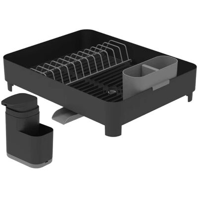 OU - Sink Organizer Set, Compact Dish Rack with Drain Spout & 19 oz Soap Dispenser with Sponge Holder - Black OU - Sink Organizer Set, Compact Dish Rack with Drain Spout & 19 oz Soap Dispenser with Sponge Holder - Black